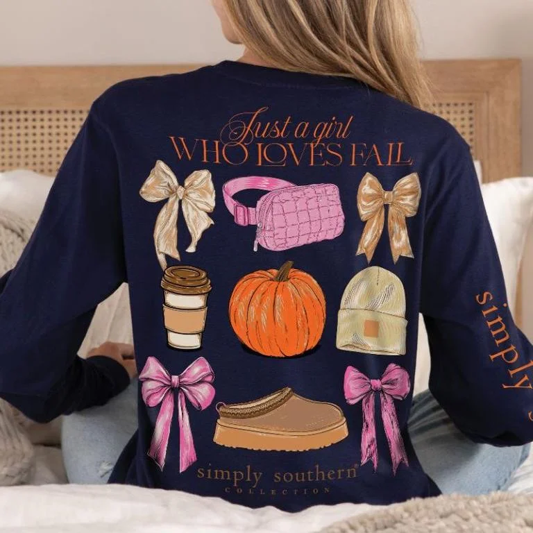 Simply Southern Women's Long Sleeve Just A Girl Who Loves Fall T-Shirt Elasticated Padded Insulated