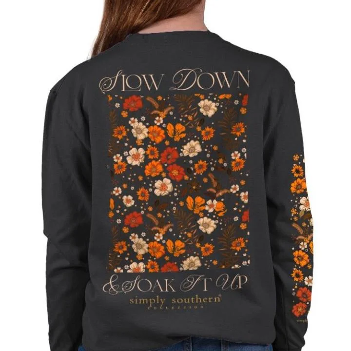 Simply Southern Women's Long Sleeve Floral "Slow Down" T-Shirt Fleece Nylon Spandex