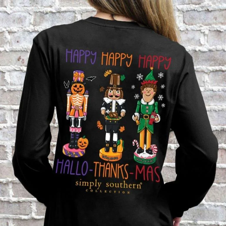 Simply Southern Women's And Youth Long Sleeve Happy Hallo Thanks Mas Halloween, Christmas and Thanksgiving Nucracker T-Shirt Spandex Blend Rayon Blend Denim Blend