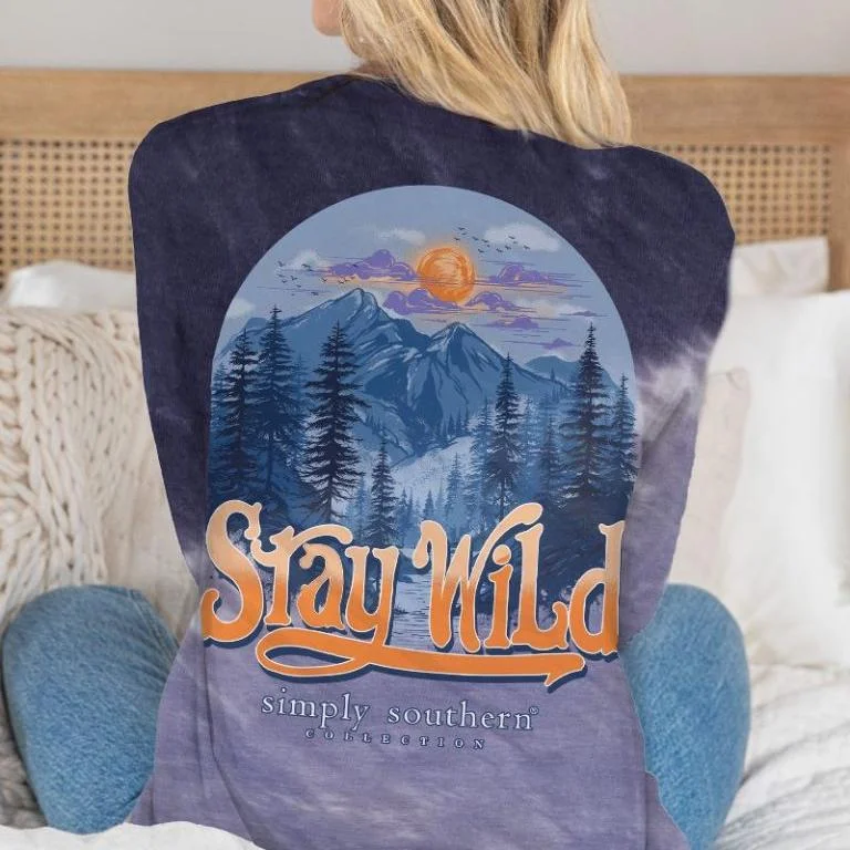 Simply Southern Women's Long Sleeve Tie-Dye Stay Wild Mountain Scene T-Shirt Solid Print Embellished