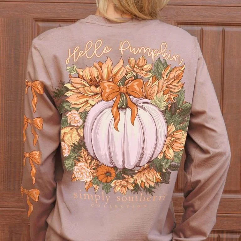 Simply Southern Women's Long Sleeve Hello Pumpkin T-Shirt Solid Color Striped Floral