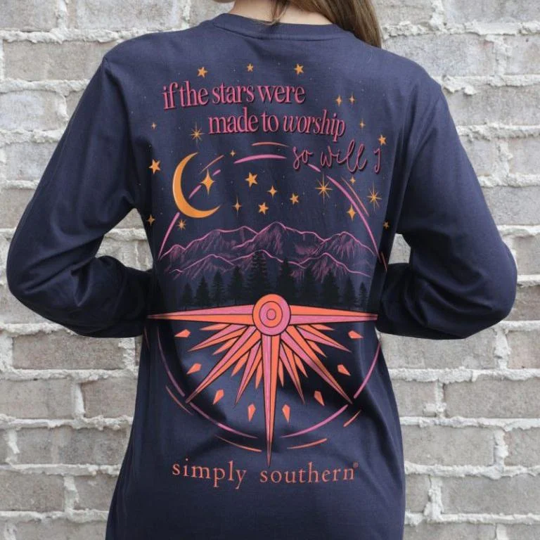 Simply Southern Women's Long Sleeve T-Shirt Moutain and Stars Worship Satin Fabric Silk Fabric Chiffon Fabric