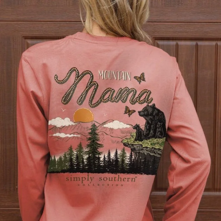 Simply Southern Women's Long Sleeve T-Shirt - Mountain Mama Outdoor Scene V-Neck T-Shirt Long Sleeve Cotton