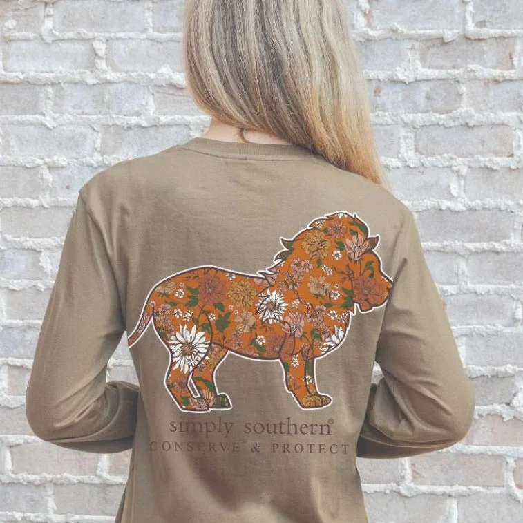 Simply Southern Women's Long Sleeve T-Shirt - Lion Tracking Floral Print Terry Blend Velvet Blend Canvas Blend