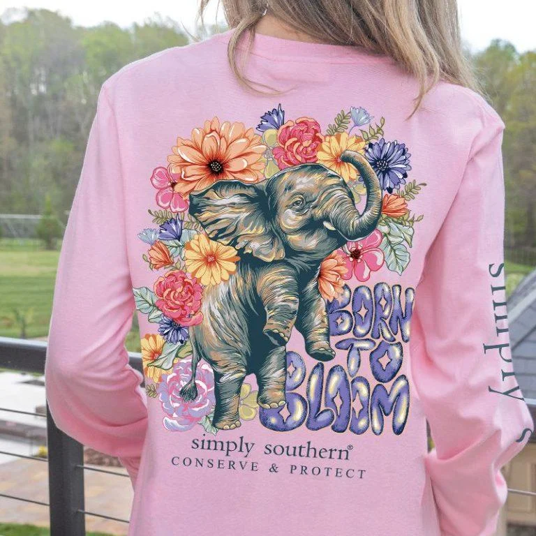 Simply Southern Women's Long Sleeve "Born to Bloom" Elephant and Wildlife Tracking  T-Shirt Spandex Blend Rayon Blend Denim Blend