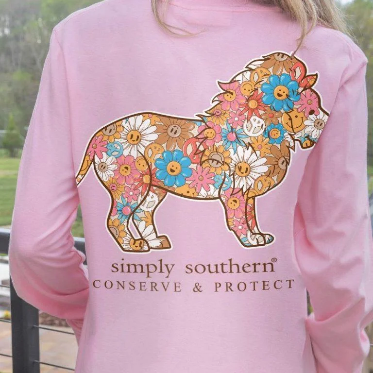 Simply Southern Women's Long Sleeve Groovy Lion WIldlife Trackable T-Shirt Mesh Canvas Denim