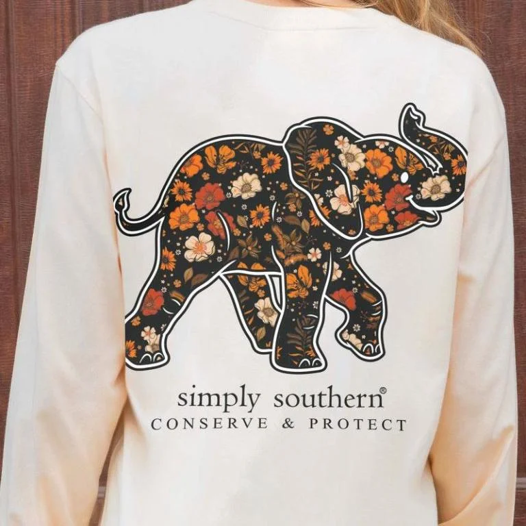 Simply Southern Women's Long Sleeve T-Shirt Floral Elephant with Wildlife Tracking Code Hooded Caped Shawl Collar