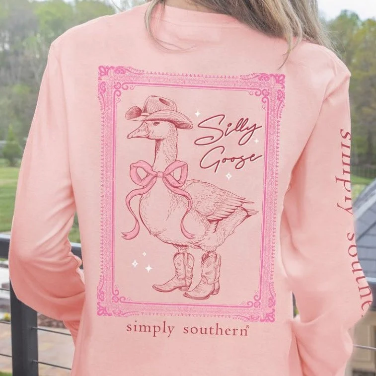 Simply Southern Women's Long Sleeve T-Shirt - Sily Goose Country Style Welt Pockets Slit Pockets