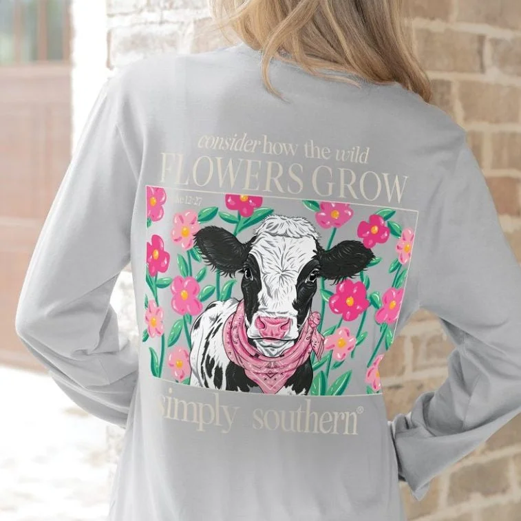 Simply Southern Women's Long Sleeve T-Shirt - Cow Love Consider Where The Wildflowers Grow Notch Collar Peter Pan Collar Cowl Neck