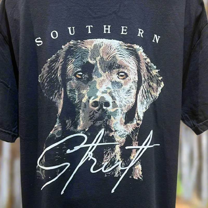 Southern Strut Camouflage Black Lab Short Sleeve T-Shirt on Comfort Colors Mens or Womens Collared T-Shirt Boat Neck A-Line