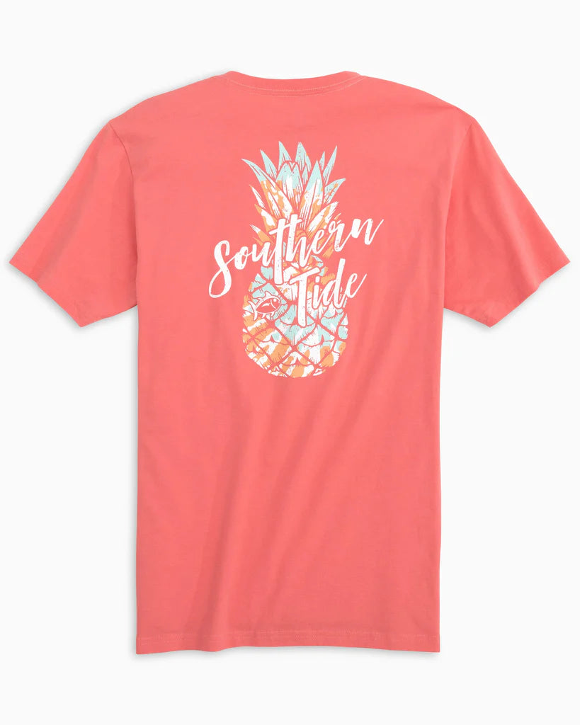 Southern Tide Short Sleeve Tie Dyed Pineapple T-Shirt Rouge Red Notch Collar Peter Pan Collar Cowl Neck