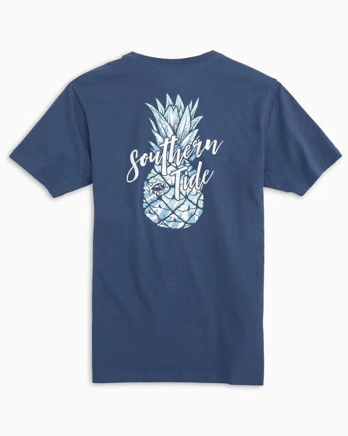 Southern Tide Short Sleeve Tie Dyed Pineapple T-Shirt Seven Seas Blue Front Pockets Side Pockets Patch Pockets