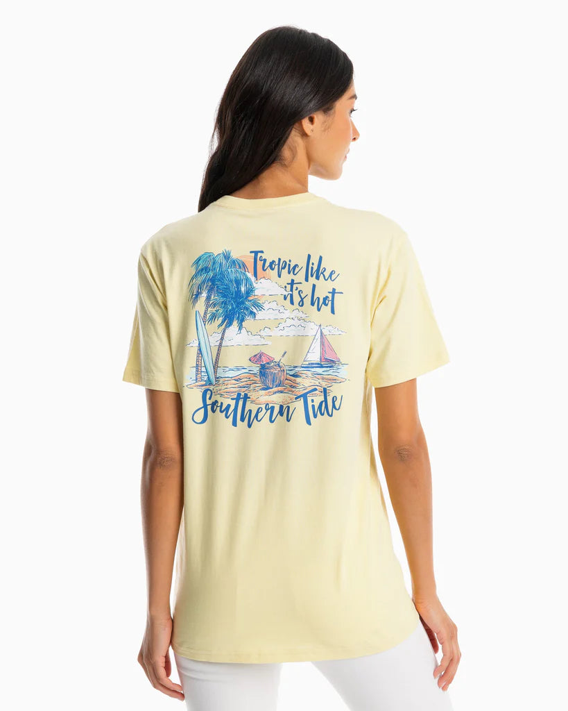 Southern Tide Short Sleeve Tropic Like Its Hot T-Shirt Blonde Satin Fabric Silk Fabric Chiffon Fabric