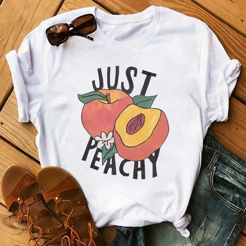 Summer Womens Peach T-shirts Cartoon Graphic Print Tshirts Kawaii Short Sleeves Female Tee Shirt Camisas Mujer Tshirt Women Front Pockets Side Pockets Patch Pockets