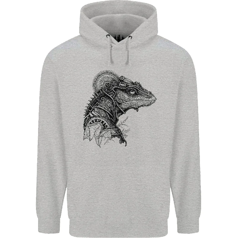 A Steampunk Iguana Lizard Reptiles Mens 80% Cotton Hoodie Hoodie with Front Slit Layering Stylish