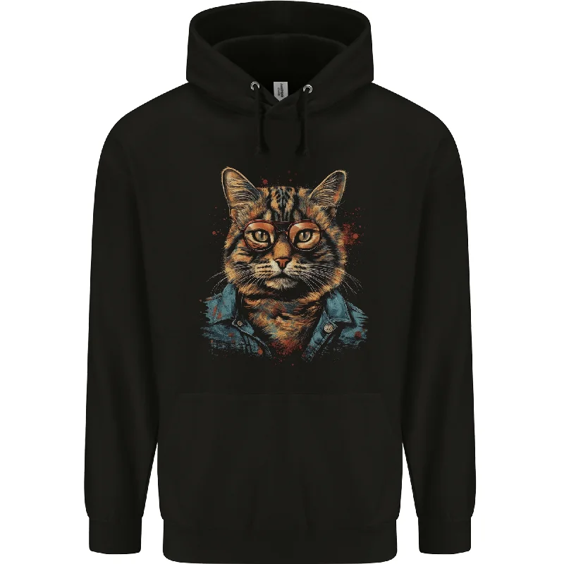 A Streetwise Cat With Glasses Mens 80% Cotton Hoodie Hoodie with Sequins Glamorous Eye-catching