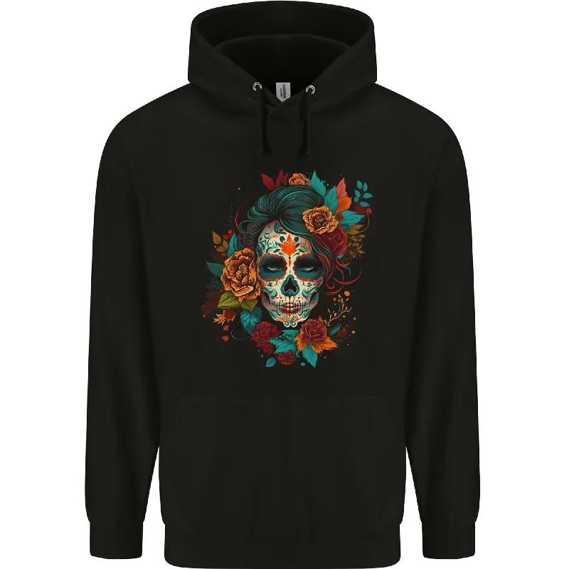 A Sugar Skull With Flowers Day of the Dead Mens 80% Cotton Hoodie Hoodie with Contrast Stitching Detailed Premium