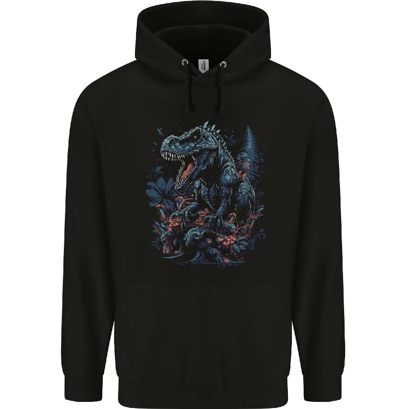 A T-Rex Dinosaur in a Prehistoric Forest Mens 80% Cotton Hoodie Hoodie with Hem Embroidery Detailed Premium