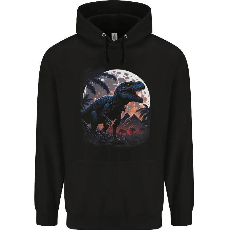 A T-Rex in Front of the Moon Dinosaurs Mens 80% Cotton Hoodie Hoodie with Hem Frayed Vintage Worn