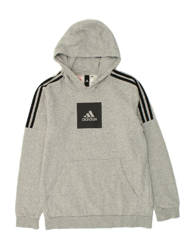 ADIDAS Boys Graphic Hoodie Jumper 15-16 Years Grey Cotton Hoodie with Belted Waist Structured Tailored