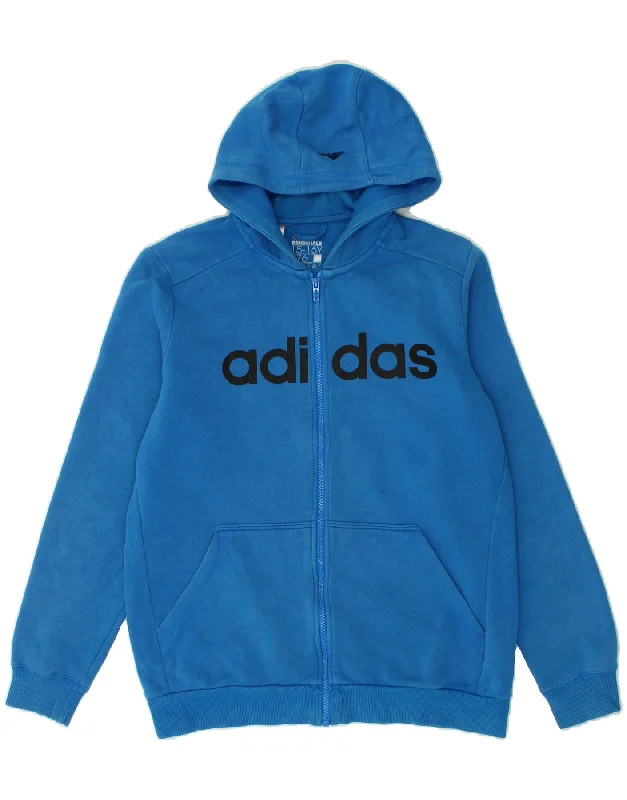 ADIDAS Boys Zip Hoodie Sweater 15-16 Years Blue Cotton Hoodie with Illustration Artistic Creative