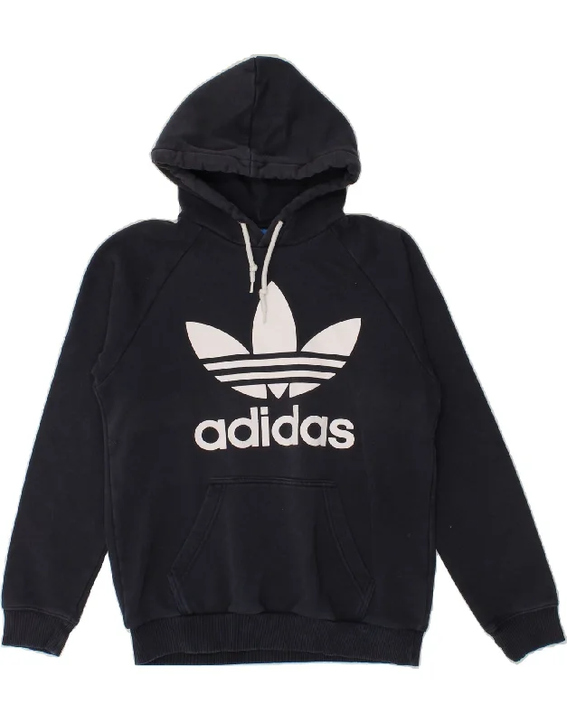 ADIDAS Mens Graphic Hoodie Jumper Small Navy Blue Cotton Hoodie with Belted Waist Structured Tailored