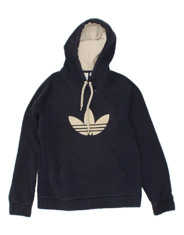 ADIDAS Womens Graphic Hoodie Jumper EU 42 Large Navy Blue Cotton Hoodie with Ribbed Neckline Snug Warm