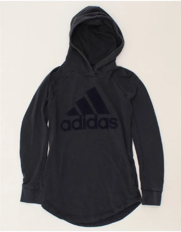 ADIDAS Womens Graphic Hoodie Jumper UK 12/14 Medium Navy Blue Cotton Hoodie with V-Neck Classic Versatile