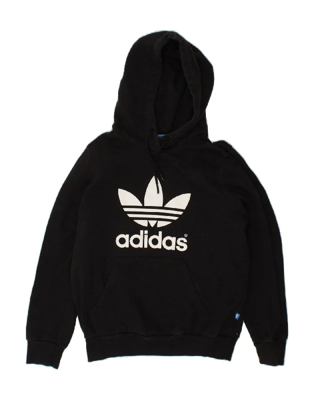 ADIDAS Womens Graphic Hoodie Jumper UK 14 Medium Black Hoodie with Hem Ribbing Snug Secure