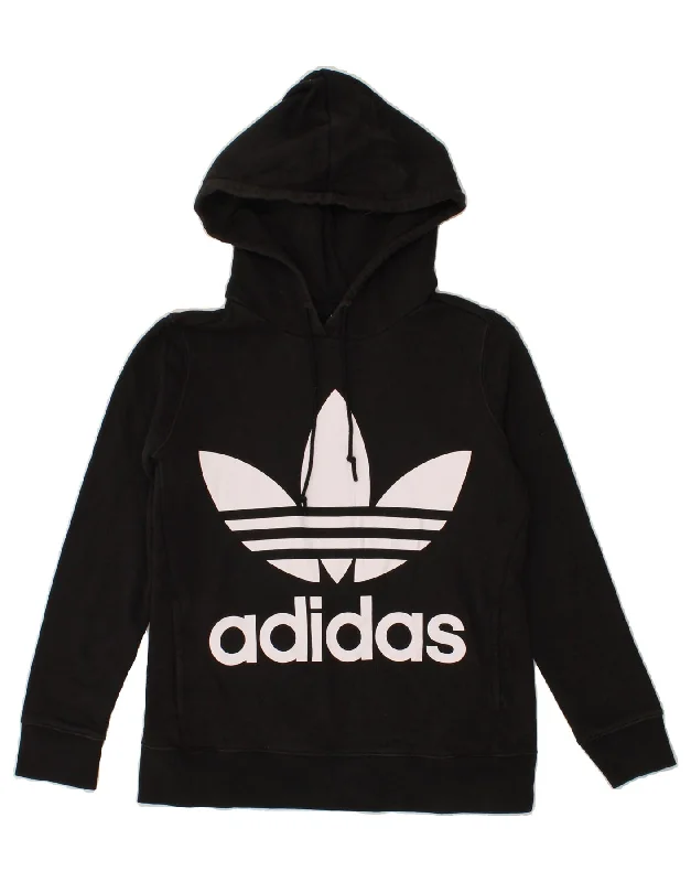 ADIDAS Womens Graphic Hoodie Jumper UK 8 Small Black Cotton Hoodie with Puffed Sleeves Voluminous Trendy