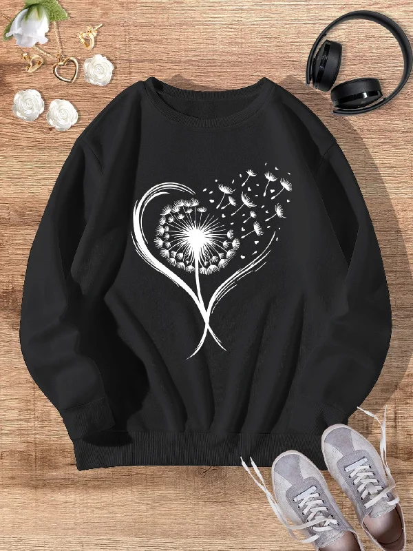 Stylish Black Dandelion Print Winter Sweatshirt with Retro Vibes Hoodie with Drawcord Adjustable Secure