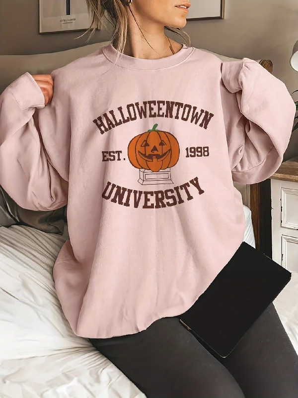 Casual Halloween Pumpkin Print Long Sleeve Crew Neck Hoodie Hoodie with Half-Zip Sporty Casual