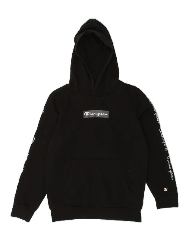 CHAMPION Boys Graphic Hoodie Jumper 11-12 Years Large Black Cotton Hoodie with Mesh Breathable Sporty