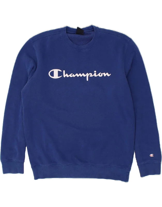 CHAMPION Mens Graphic Sweatshirt Jumper Large Blue Cotton Hoodie with Rolled Sleeves Casual Relaxed