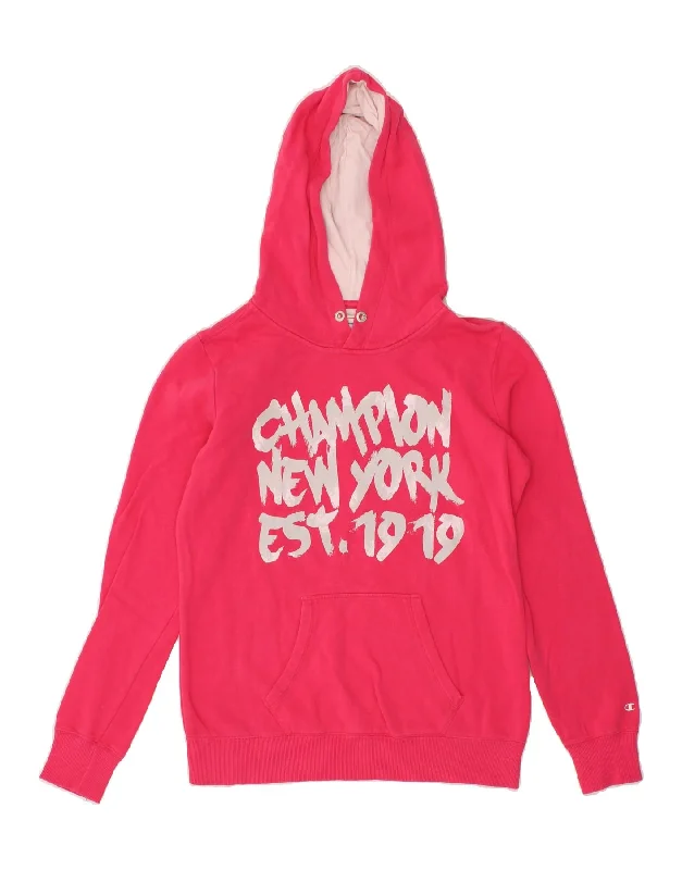 CHAMPION Womens Graphic Hoodie Jumper UK 12 Medium Pink Cotton Hoodie with Slit Hem Functional Movement