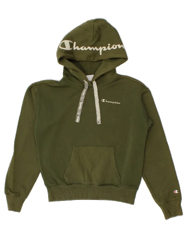 CHAMPION Womens Graphic Hoodie Jumper UK 6 XS Green Cotton Hoodie with Frayed Bohemian Relaxed