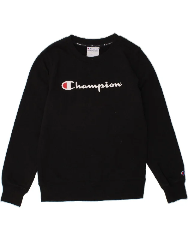 CHAMPION Womens Graphic Sweatshirt Jumper UK 10 Small Black Cotton Hoodie with Hem Detail Decorative Unique