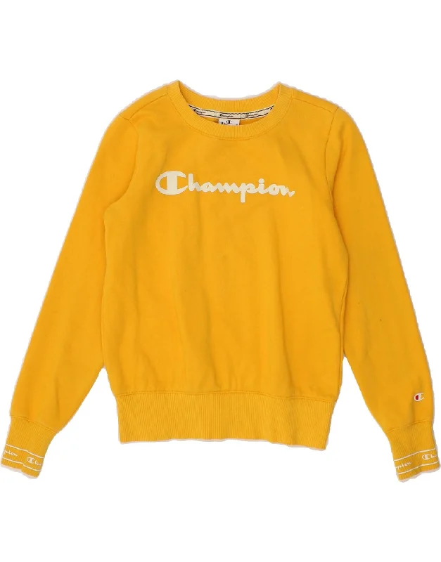 CHAMPION Womens Oversized Graphic Sweatshirt Jumper UK 6 XS Yellow Cotton Hoodie with Contrast Stitching Detailed Premium