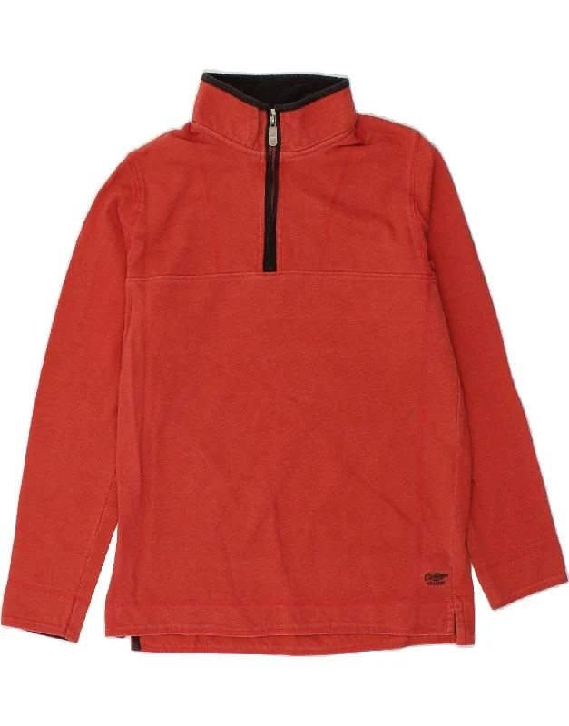 COTTON TRADERS Mens Zip Neck Sweatshirt Jumper Small Orange Cotton Hoodie with Thumb Holes Functional Cozy