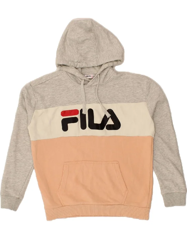 FILA Womens Graphic Hoodie Jumper UK 14 Medium Grey Colourblock Cotton Hoodie with Full-Zip Functional Layering