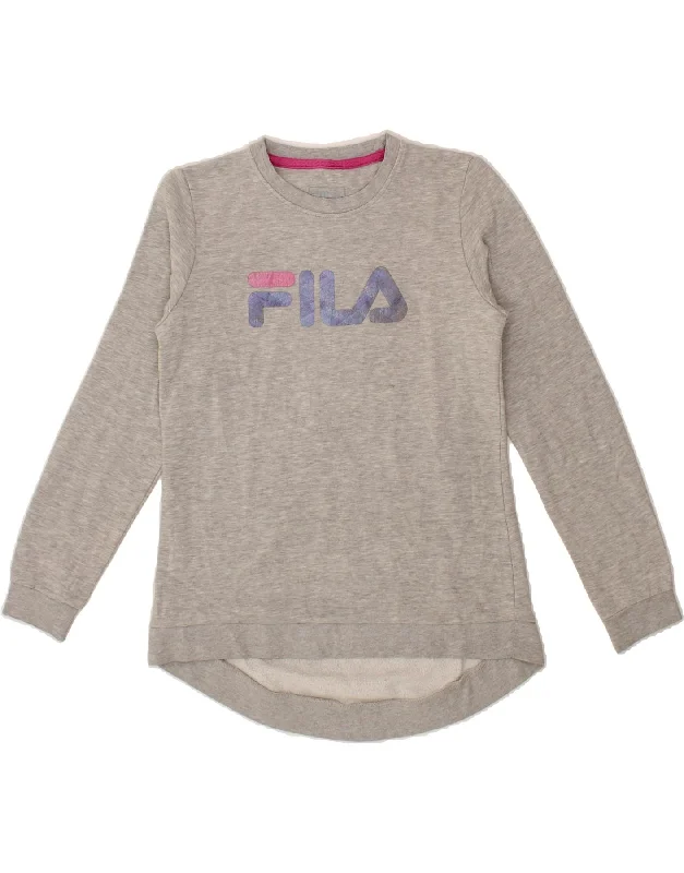 FILA Womens Graphic Sweatshirt Jumper UK 14 Medium Grey Cotton Hoodie with Zipper Placket Modern Functional