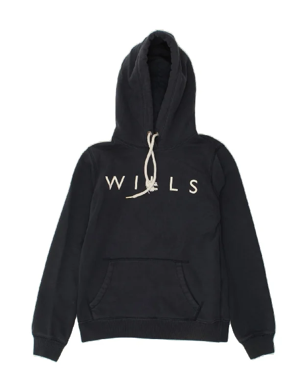 JACK WILLS Womens Graphic Hoodie Jumper UK 8 Small Navy Blue Cotton Hoodie with Rhinestones Sparkly Elegant