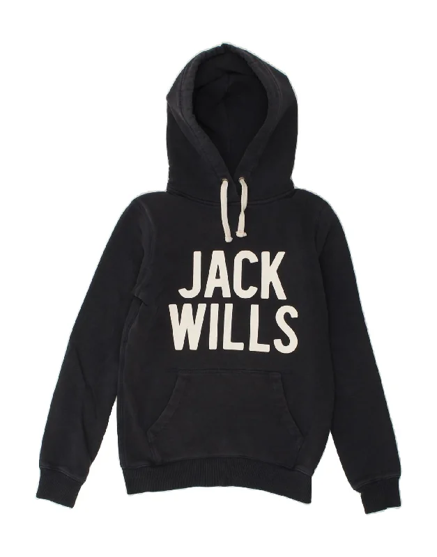 JACK WILLS Womens Graphic Hoodie Jumper UK 8 Small Navy Blue Cotton Hoodie with Drawcord Adjustable Secure