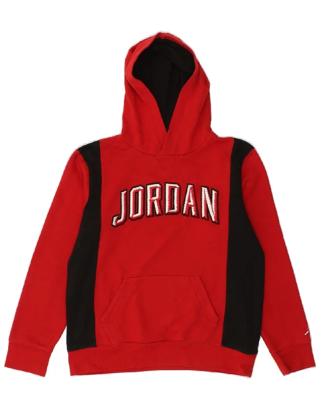 JORDAN Boys Graphic Hoodie Jumper 12-13 Years Large Red Colourblock Hoodie with Hem Frayed Vintage Worn