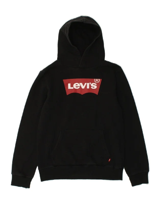 LEVI'S Boys Graphic Hoodie Jumper 15-16 Years Black Cotton Cotton Hoodie Fleece Lining Warmth