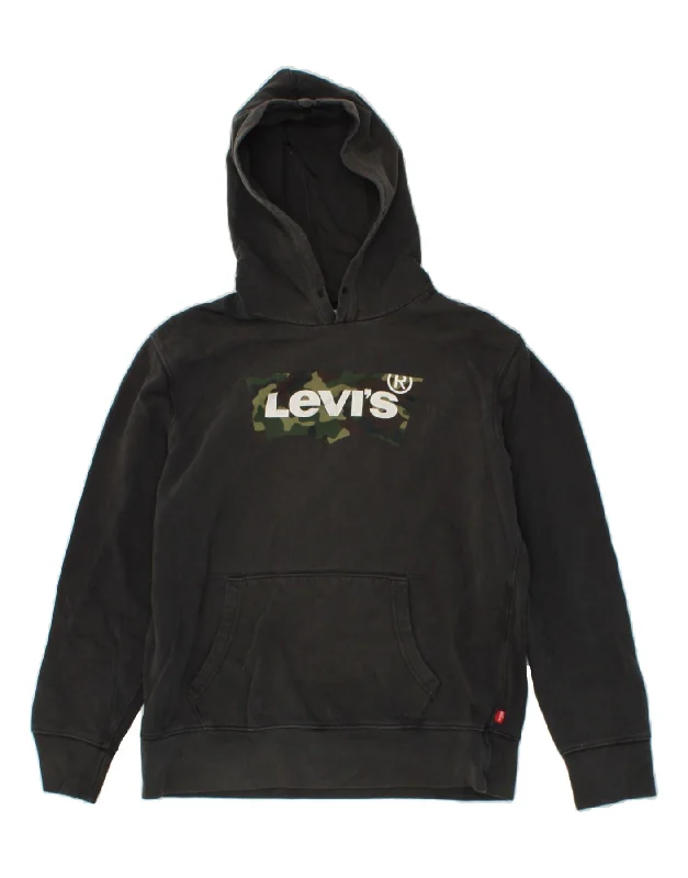 LEVI'S Mens Graphic Hoodie Jumper Medium Grey Cotton Hoodie with Turtle Neck Cozy Winter