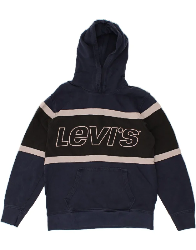 LEVI'S Mens Graphic Hoodie Jumper Medium Navy Blue Colourblock Cotton Hoodie with Turtle Neck Cozy Winter