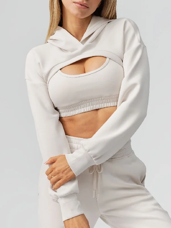 Luxe Bolero Hoodie - Eggshell Hooded Sweatshirt Casual Wear Street Style