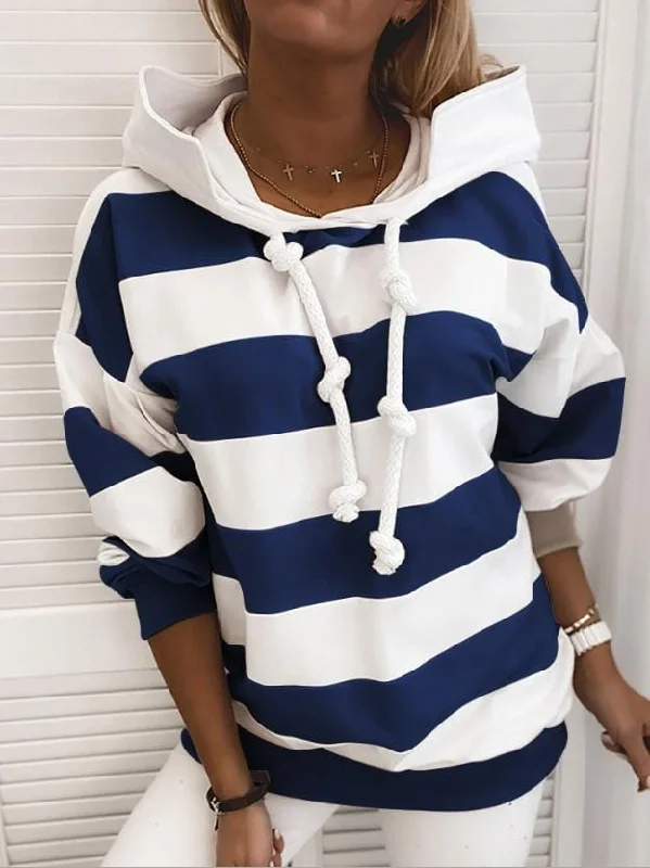 Striped Knot Detail Long Sleeve Hoodies Hoodie with Elastic Waist Stretchable Comfortable