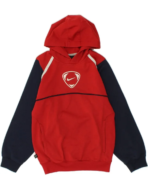 NIKE Boys Graphic Hoodie Jumper 8-9 Years Small Red Colourblock Polyester Hoodie with Hem Detail Decorative Unique